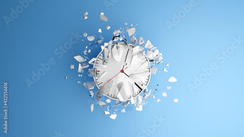 Deadline concept with simple style clocks smashed to pieces on a blue background. Abstract 3d illustration photo