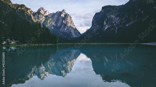The beautiful Dobiacco lake in the Italian Dolomites