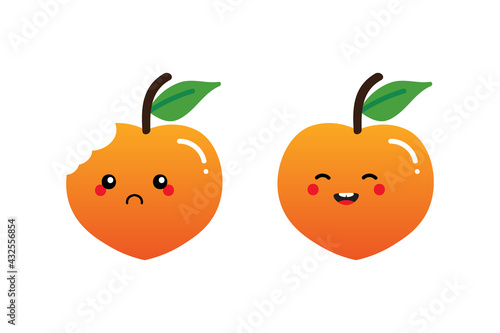 Couple of cartoon style peach fruit characters cute and smiling and sad with bite mark.
