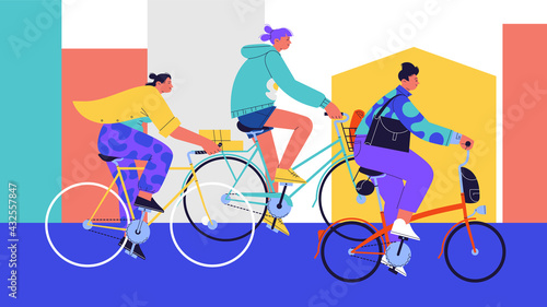 Flat illustration of three girls wearing casual clothes riding different kinds of bicycles on the street of a city photo