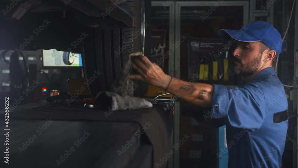 Young man is mechanic repair tires wheel car in the garage with professional, auto service, maintenance and technician, automobile examining and fix, male diagnostics and inspection automotive. Young man is mechanic repair tires wheel car in the garage with professional, auto service, maintenance and technician, automobile examining and fix, male diagnostics and inspection automotive.