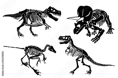 Paleontological set, graphical skeletons of dinosaurs on white background,vector fossils silhouettes