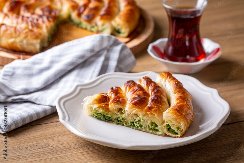 Turkish Tepsi Boregi, Round Borek, Tray pastry (Turkish name; rulo borek) Turkish Tepsi Boregi, Round Borek, Tray pastry (Turkish name; rulo borek)
