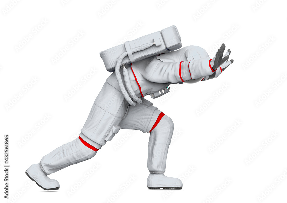 astronaut is pushing on white background side view