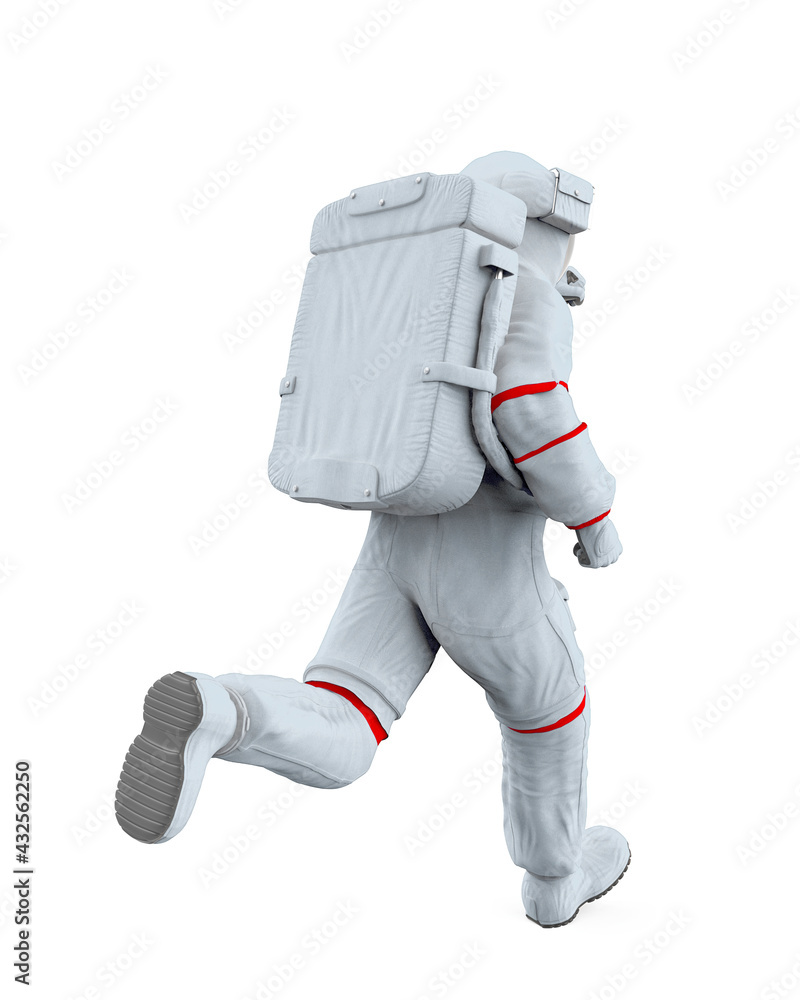 astronaut is running on white background rear view