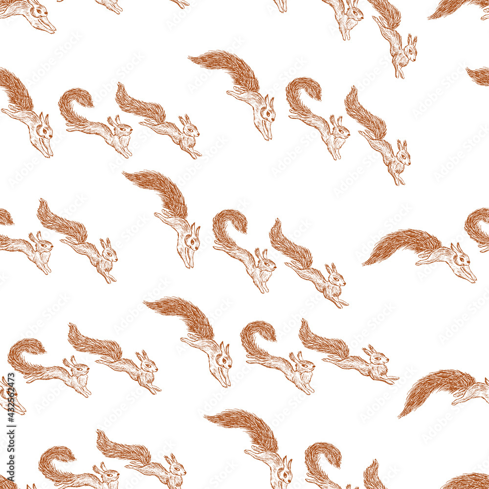 Seamless pattern of sketches flock red wild jumping squirrels