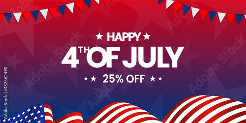 Happy 4th of July sale, discount, offer lettering colorful modern design on the USA, American waving flag, Star dark colorful background. Vector design
