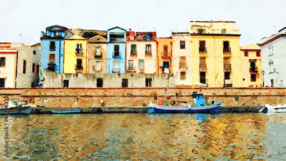 A glimpse of the riverfront of Bosa in Sardinia in Italy. Digital painting.