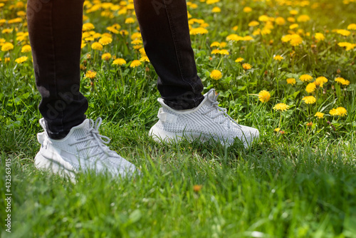 Among the green grass and yellow dandelions blooming in the spring is a guy in gray sneakers made of fabric, the focus on sneakers