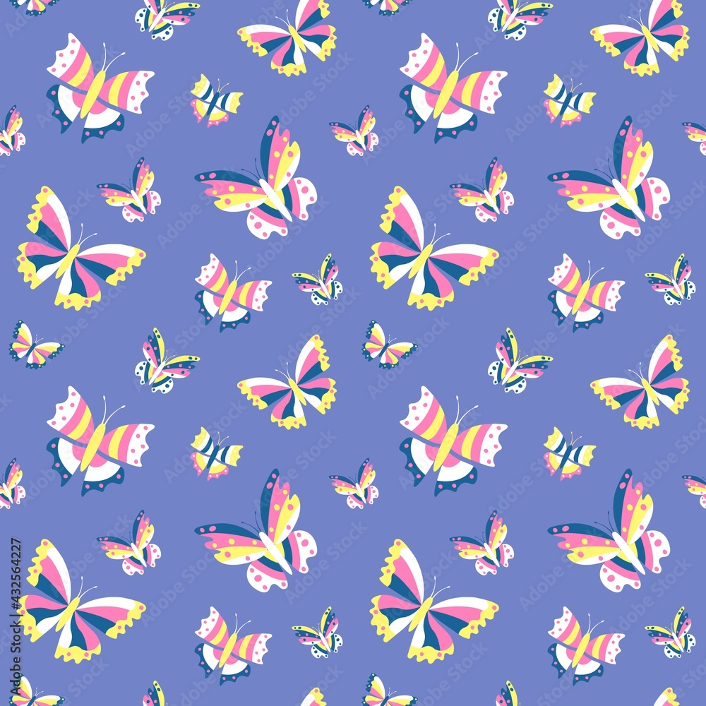 Seamless pattern with multicolored butterflies on a blue background. For the design of paper, wallpaper, textiles.