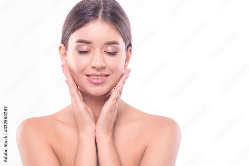Beautiful girl with closed eyes and perfect skin, with a beautiful smile and clean white teeth.Health and beauty concept.Cosmetology, beauty and spa. Closeup portrait isolated on white background. Beautiful girl with closed eyes and perfect skin, with a beautiful smile and clean white teeth.Health and beauty concept.Cosmetology, beauty and spa. Closeup portrait isolated on white background.