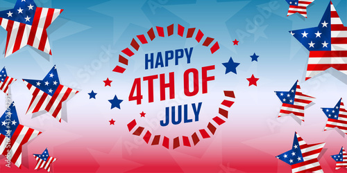 Trendy 4th of July usa independence day celebration design with stars with star shape American flag elements on colorful united states abstract background.