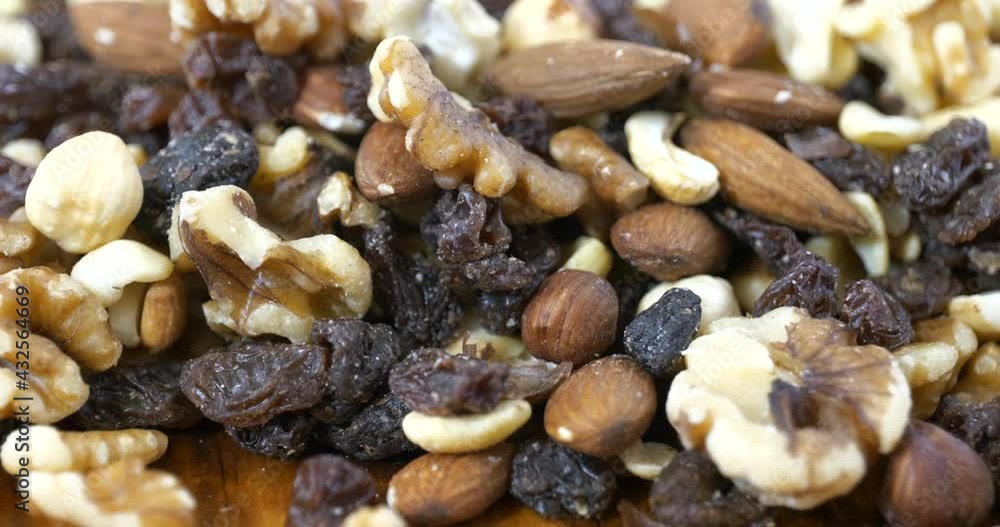 Slider shot of healthy gourmet trail mix with nuts and raisins close up Slider shot of healthy gourmet trail mix with nuts and raisins close up
