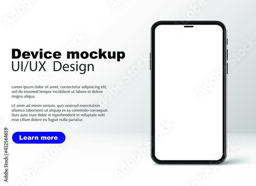 Realistic smartphone mockup with blank screen. Phone isolated on white background with copy space on display. Modern gadget with place for app, website advert. UI , UX design. Vector illustration.
