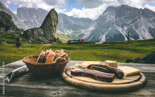 Amazing alpine mountain food - smoked sausage and cheese. Italian mountain food