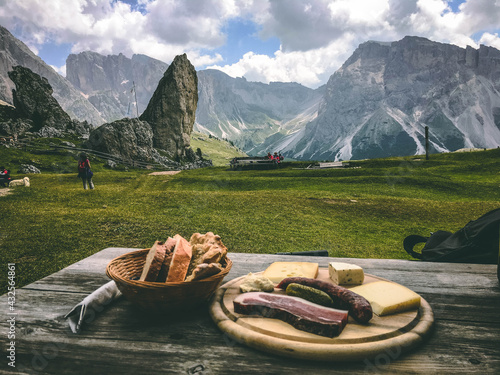Amazing alpine mountain food - smoked sausage and cheese. Italian mountain food