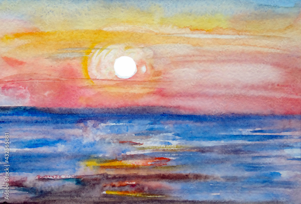 Obraz premium Watercolor sunny summer warm sea sunset, seascape