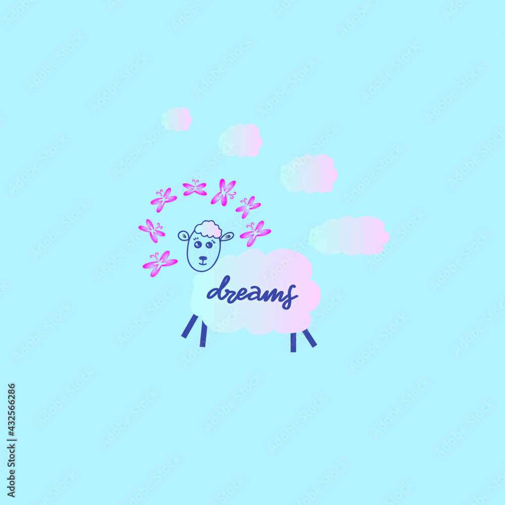 Cute cartoon card with sheep and hand drawn lettering. Vector illustration with gradient.Concept of flat design for kids cards, banners and invitations. Cute cartoon card with sheep and hand drawn lettering. Vector illustration with gradient.Concept of flat design for kids cards, banners and invitations.