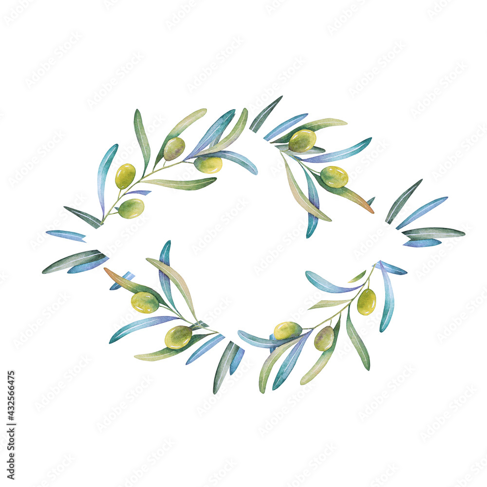 Watercolor rhombus frame of olive branch, leaves. Template for label, Illustration for wedding, greeting cards