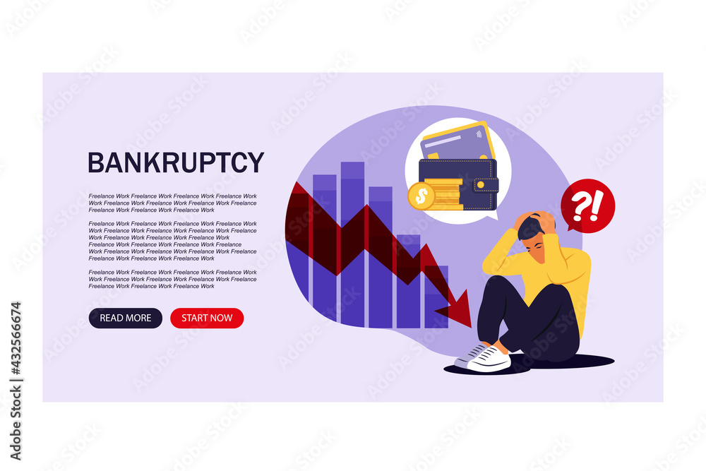 Financial problems and bankruptcy concept. Landing Page. Depressed young man sits and thinks about finding money to pay bills. Vector illustration. Flat.