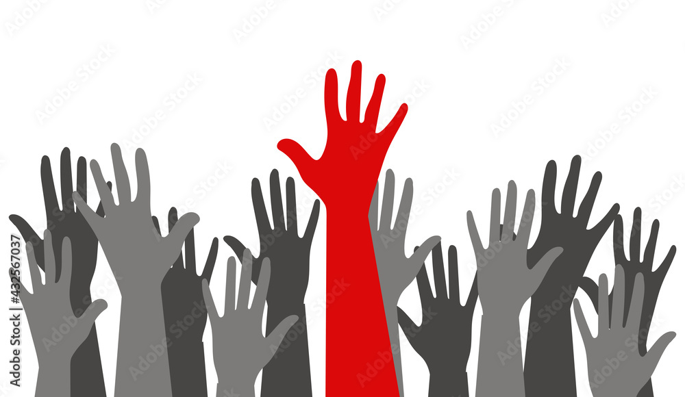 Silhouettes of hands of guys and girls of different nationalities and religions. International Youth Day. Voting in elections. Poster Struggle for Equal Rights. Gray and red. Silhouettes of hands of guys and girls of different nationalities and religions. International Youth Day. Voting in elections. Poster Struggle for Equal Rights. Gray and red.