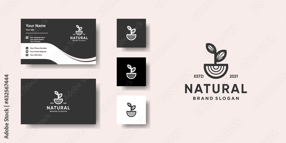 Natural logo template with unique concept and business card design Premium Vector