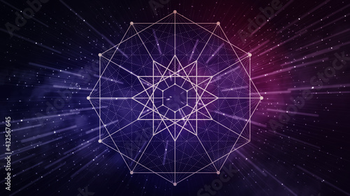 Purple and pink sacred geometry, space background - abstract, line art, dodecagram, dodecagon © StudioN
