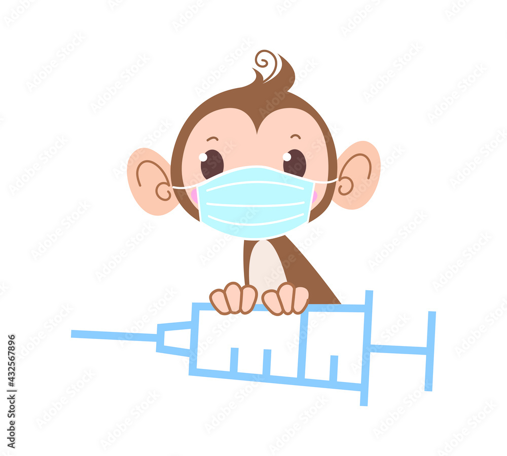 Animal Monkey in a surgical protective mask holds a large syringe with a vaccine. Healing mask to protect against viruses. Baby cartoon character African. Coronavirus, COVID-19. Graft