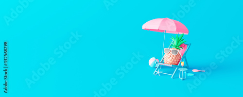 Pineapple with sunglasses resting and drink cocktail on the beach, Summer holiday concept on blue background 3d render 3d illustration photo