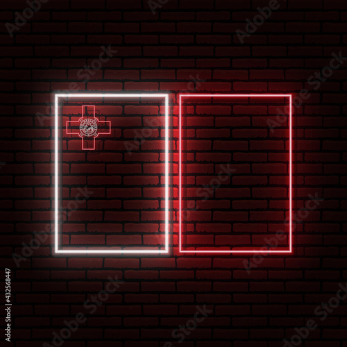 Neon sign in the form of the flag of Malta. Against the background of a brick wall with a shadow. for the design of tourist or patriotic themes.