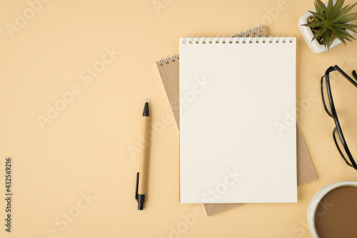 Top view photo of organizers pen glasses plant and cup on isolated beige background with copyspace