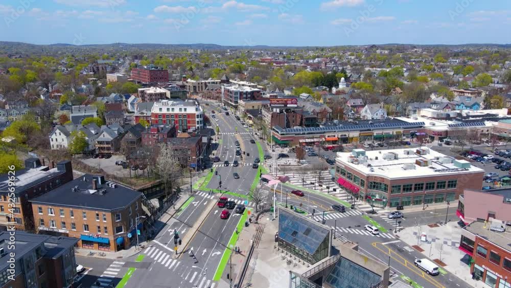 Porter Square aerial view on Somerville Avenue at Massachusetts Avenue in spring, city of Cambridge, Massachusetts MA, USA. Porter Square aerial view on Somerville Avenue at Massachusetts Avenue in spring, city of Cambridge, Massachusetts MA, USA.