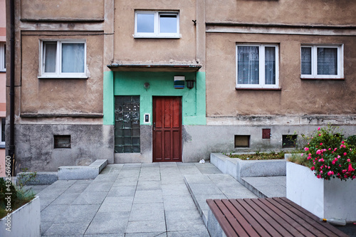 Front door of apartment building in Eastern Europe