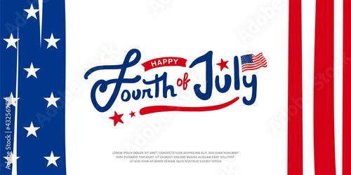 Happy 4th of July custom hand-lettering design with star and USA flag on the simple American flag, stripe, and star banner background.
