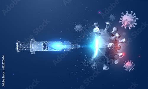 Syringe and virus vaccine concept in futuristic polygonal style. Antiviral measures, coronavirus immunity protection. Vector illustration of technologies in medicine in wireframe polygonal style