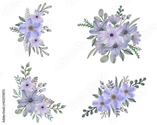 arrangement of watercolor floral frame bouquets of purple flowers  vector design for wedding invitation