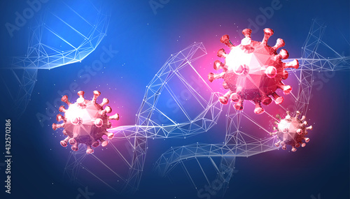 Mutating virus illustration in futuristic style on blue background with DNA structure. Outbreak of a new dangerous flu strain, concept in futuristic polygonal style