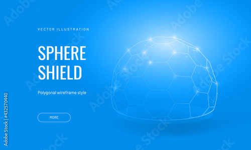 Dome shield geometric vector illustration on a blue background. Geometric translucent shield futuristic for protection in an abstract glowing style