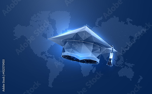 Academy graduate hat in digital futuristic style. Online education concept on world map background. Vector illustration