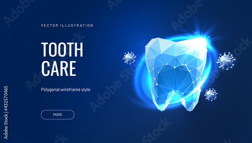 Healthy tooth low poly landing page template. 3d molar polygonal illustration. Stomatology clinic homepage mockup. Dentistry services mesh art banner. Teeth treatment website page design layout