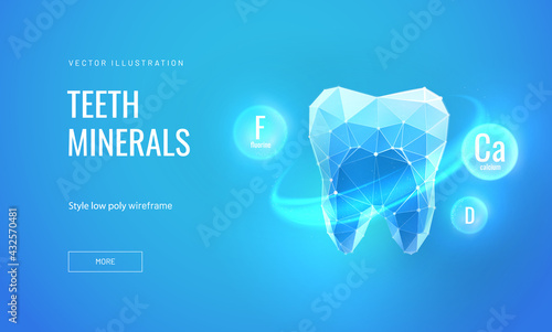 Tooth with calcium and fluoride in a futuristic digital polygonal style on a blue background. Strengthening the tooth with minerals, protecting against quarrying