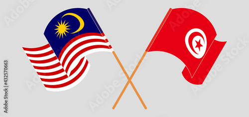 Photography Crossed and waving flags of Malaysia and Tunisia