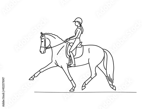 Young pretty girl riding a horse, line vector illustration