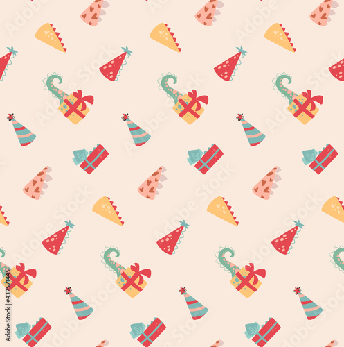 Festive seamless pattern with gifts, funny caps and tails. Vector print on beige background, cartoon style