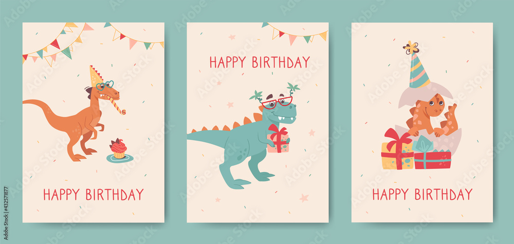 Happy birthday, greeting cards with dinosaurs. Velociraptor, tyrannosaurus and small newborn dino hatched from an egg. Funny dinosaurs on holiday cards for kids. Vector posters,cartoon style on beige.