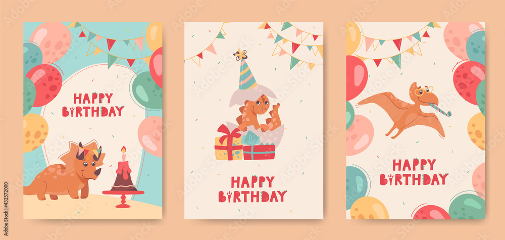 Funny dinosaurs on holiday cards for kids. Pteranodon, Triceratops, and a small newborn dinosaur that hatched from an egg. Happy birthday greeting cards. Lettering, balloons, buntings. Vector,cartoon.