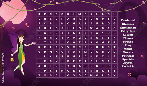 Word seach game for kids, fantasy world fairy concept with cute character in woodland, educational riddle for studying english in cartoon style