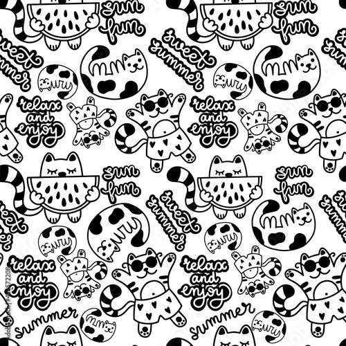 Seamless pattern with summer cats. Vector illustration