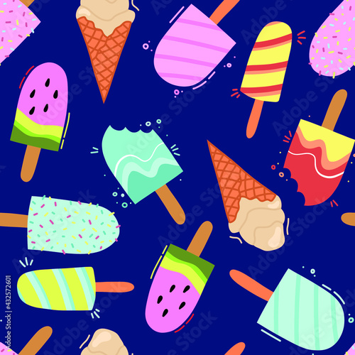 Ice creams seamless pattern. Summer holidays with popsicles, ice cream cones and frozen chocolate dessert. Cartoon sweet food vector texture