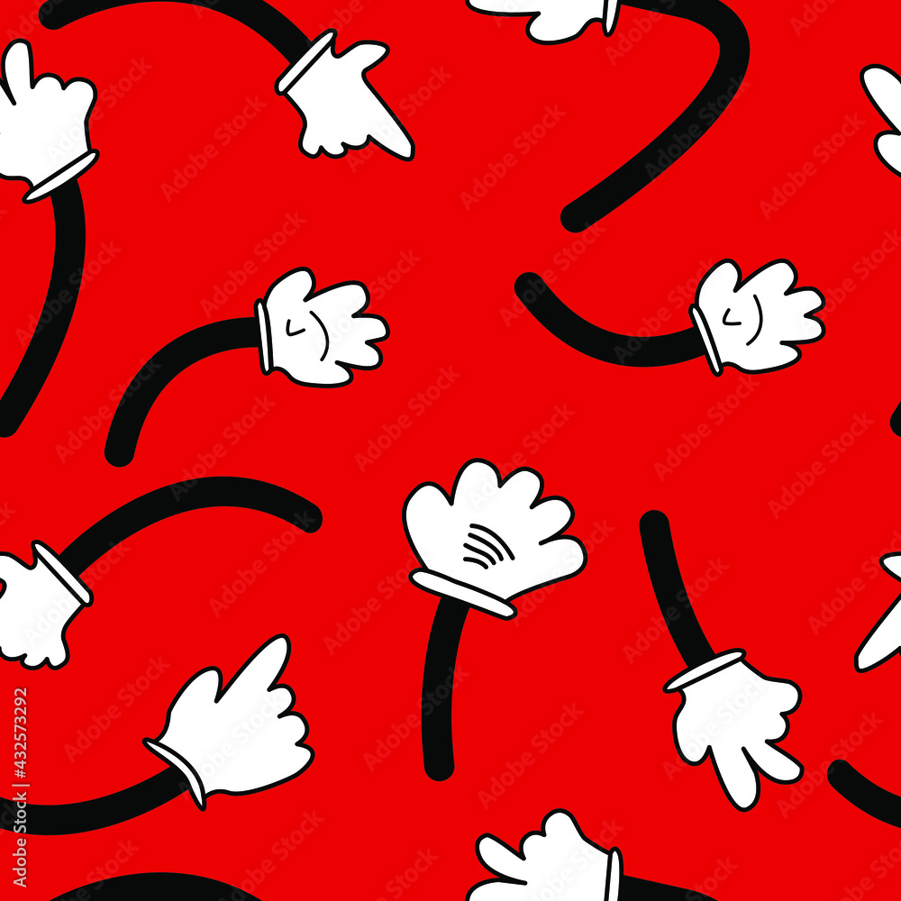 seamless pattern with the image of cartoon hands on a red background for prints on fabric for children's clothing, packaging and also for decorating rooms and playgrounds for children seamless pattern with the image of cartoon hands on a red background for prints on fabric for children's clothing, packaging and also for decorating rooms and playgrounds for children